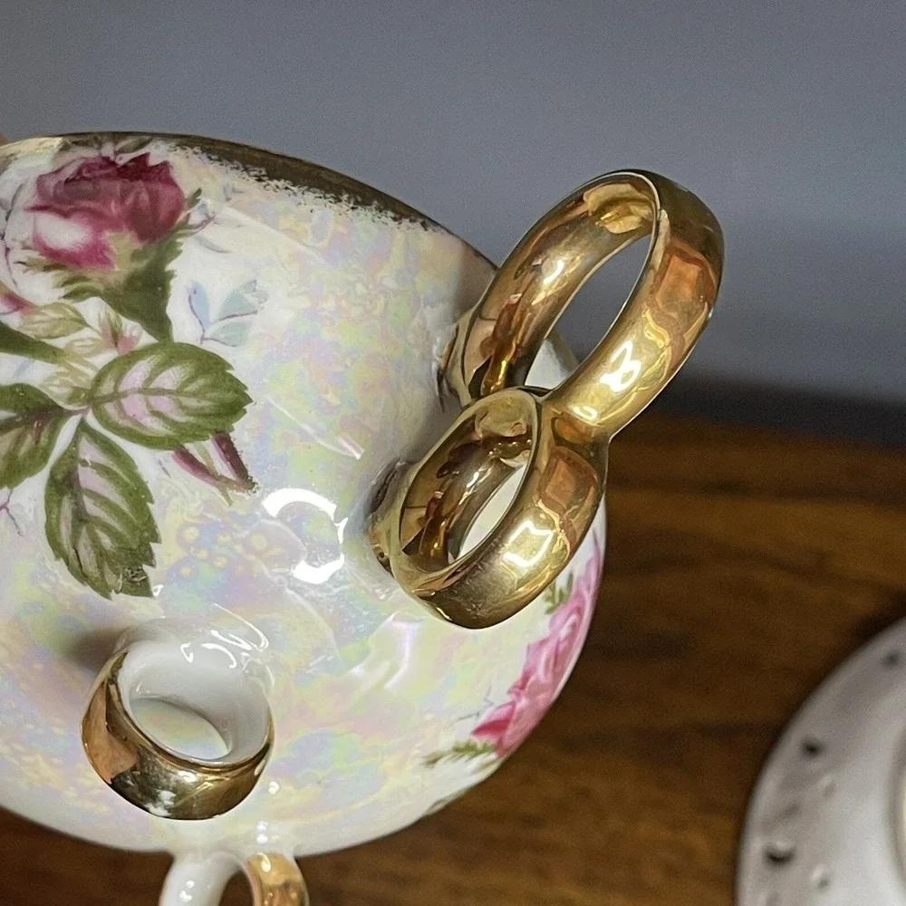 Vintage Royal Sealy China Three Ring Footed Cup &‎ Saucer Iridescent Gold Roses